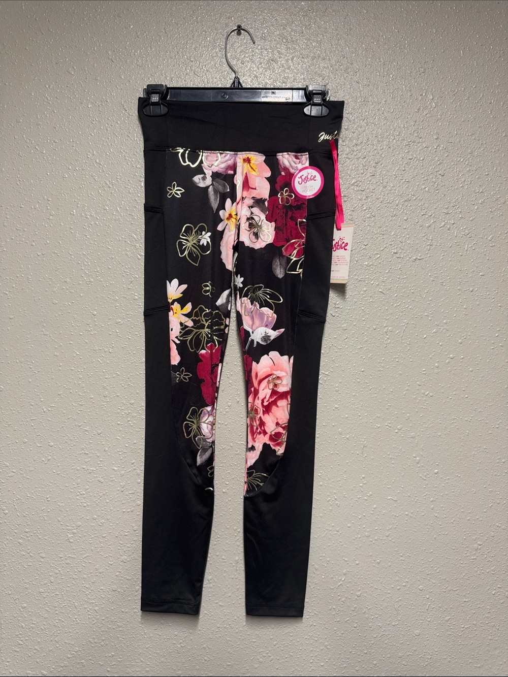 Justice Black Leggings with Pink & Red Floral Panels